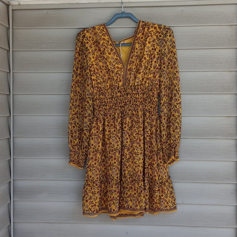 NWT $138 Max Studio Dress Yellow Elastic Waist Foral Print P2P 18" Lengt… - Picture 3 of 4